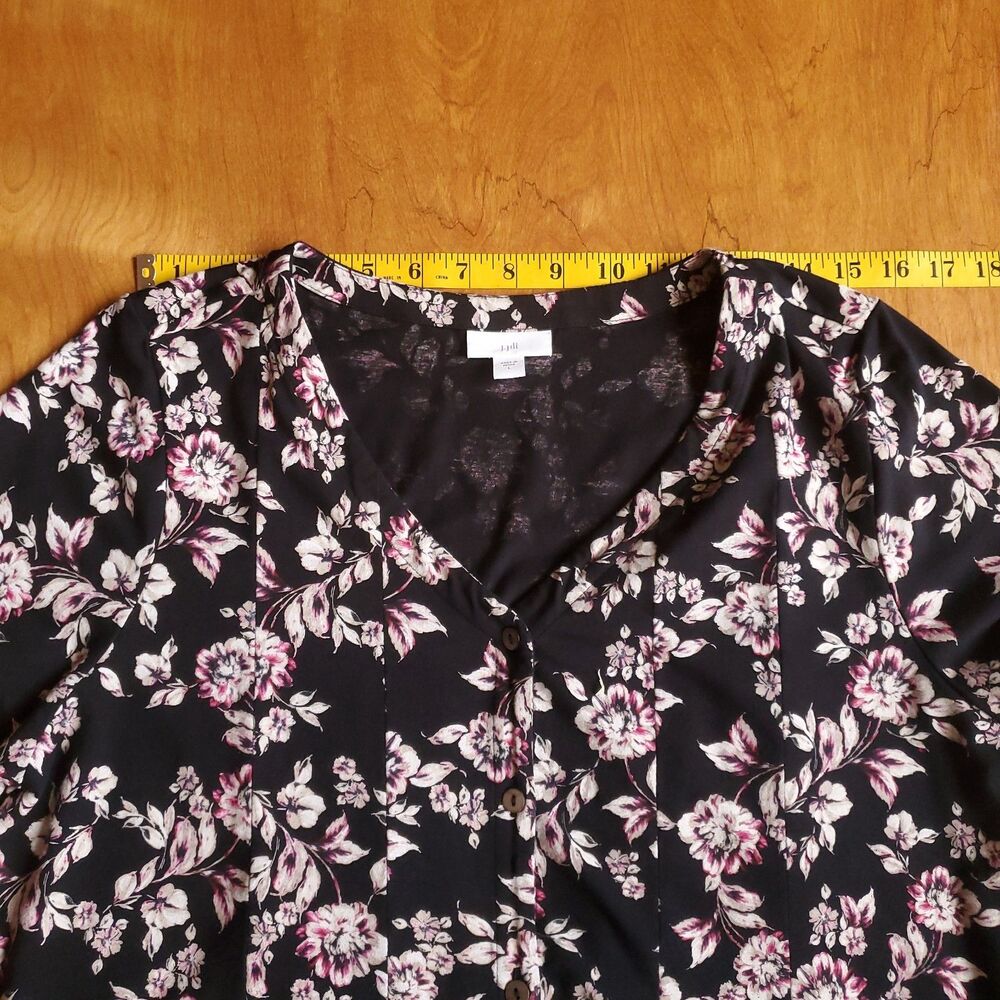 J Jill Button Front Maxi Dress Sz Large Black Pink Floral Pima Cotton Blend Knit - Picture 10 of 11